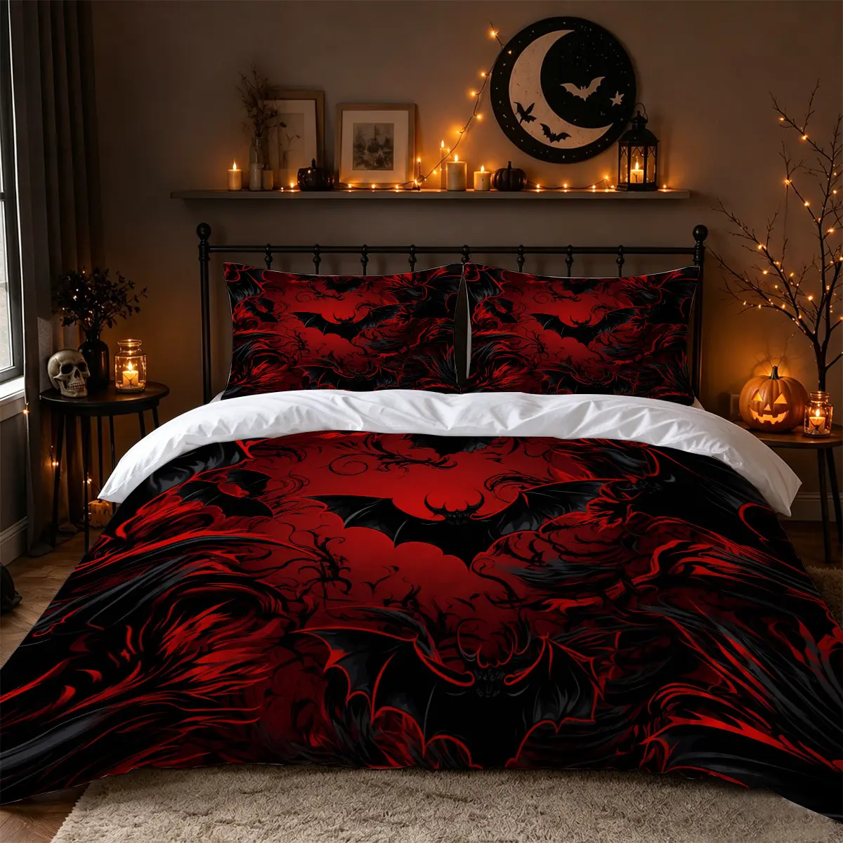 3Pcs Red Black Gothic Bat Rose Print Duvet Cover Set, Halloween Bedding Set with 1 Duvet Cover and 2 Pillowcases, No Comforter, Dark Gothic Bedroom Decor for Adults, Apartments, Dorms and Guest Rooms