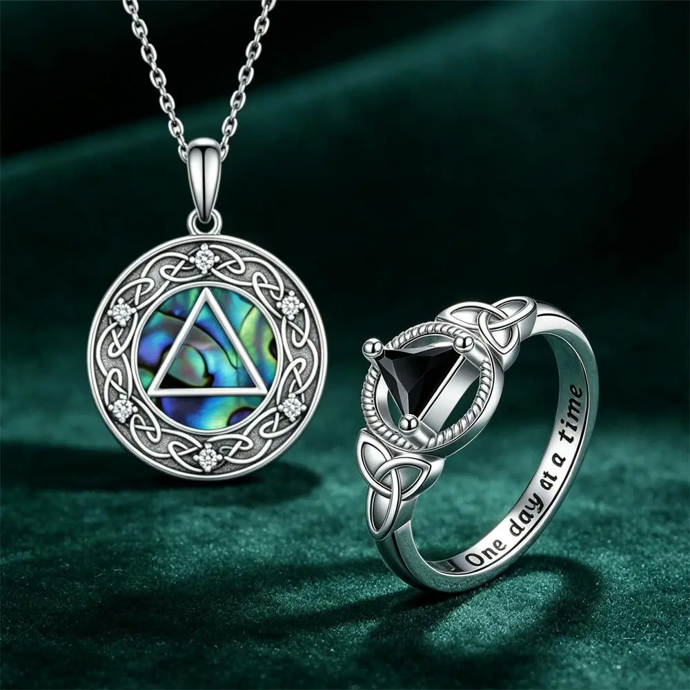 Women's Stainless Steel AA Sobriety Jewelry Set with Abalone Shell Pendant Necklace & Celtic Knot Black Triangle Ring - One Day at a Time, Elegant Sobriety Recovery Gift for Women, Meaningful Strength Milestone Jewelry