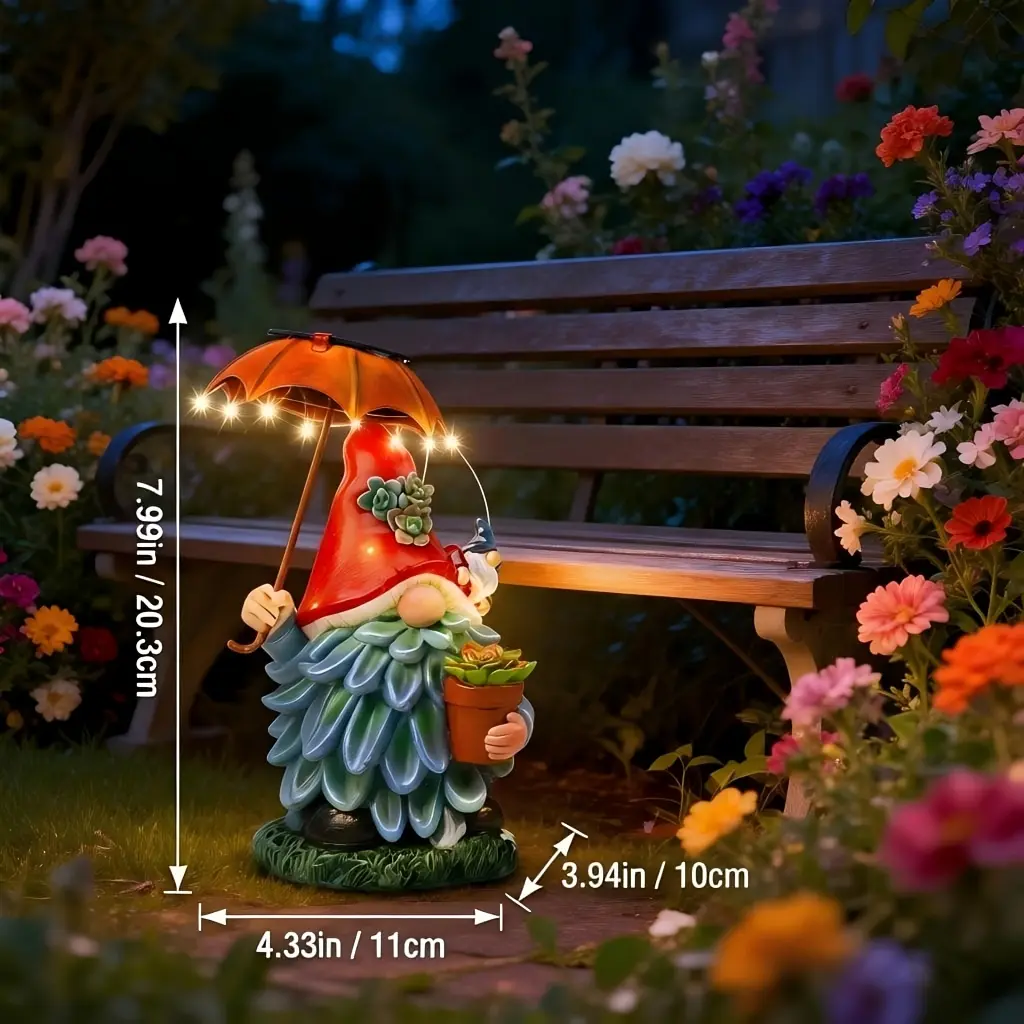 Solar Resin Dwarf Statue with Umbrella String Light - IPX4 Waterproof Outdoor Garden Decoration, Elf Succulent Flowerpot Design, Very Suitable for Courtyards, Lawns, Porches - Unique Christmas And Home Gift Creativity