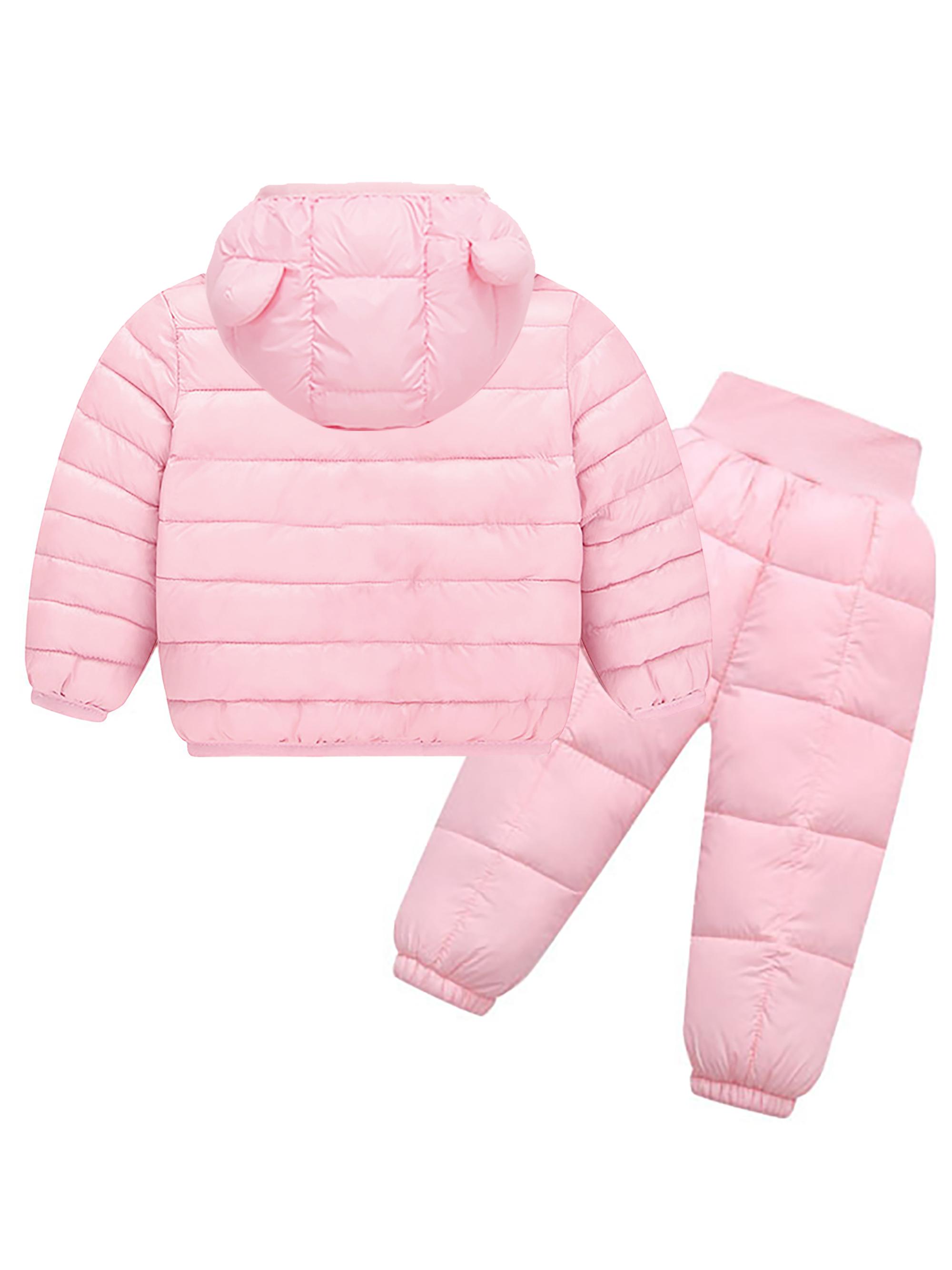 (New)2pcs ' European/American Style Winter Ski Suit Set - Boys & Girls Bear Ear Hooded Jacket & Pants with Coat & Matching Snow Pants, Thickened for Skiing, Ice Skating, Outdoor Play (Pink, Hand Washable), Perfect for Outdoor