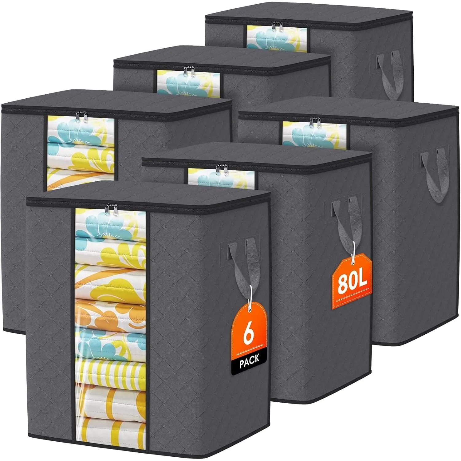 6 Pack Clothes Storage Bags 80L Blanket Storage Containers with Window Grey | Large Comforter Organizer for Closet, Bedding, Quilts, Sheets and Pillows, Foldable Storage Bags for  Organization