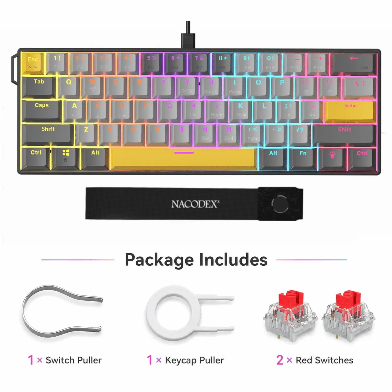 AJAZZ NK61 compact wired gaming mechanical keyboard with red switch, high cost performance, 61 key computer office mechanical keyboard, mixed light/RGB small body, saving desktop space, ribbon design, easy to carry, suitable for gaming and office use