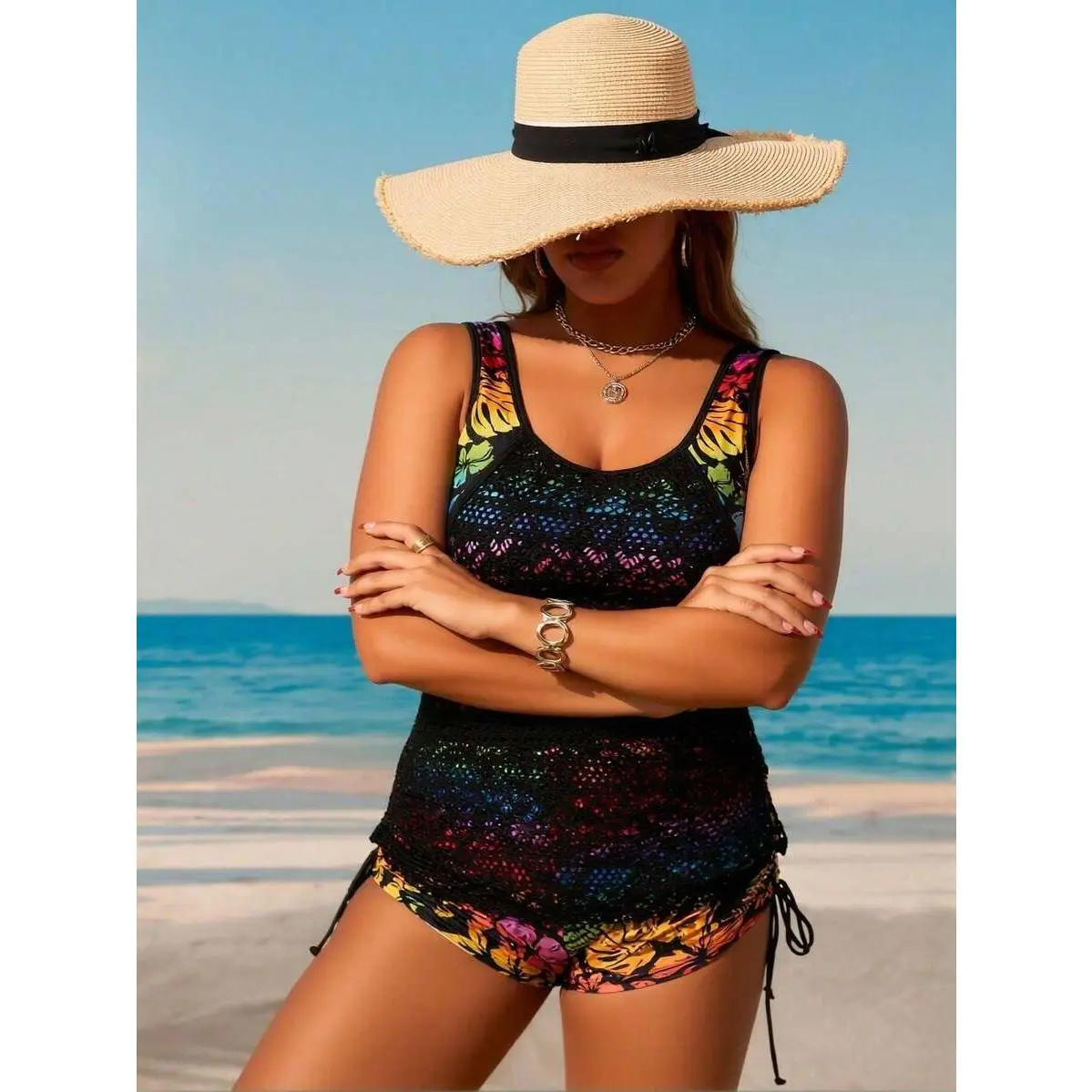 Women's High-Waisted 2-Piece Tankini Set - Knitted Fabric, Long Length Tops, Rainbow Tropical Print, Lace Overlay, Side-Tie Briefs, Bathing Suit Women for Poolside Swim, Bathing Suits, Bikini Sets, Tankini Swimsuits, Swimsuit For Women, Rainbow Print