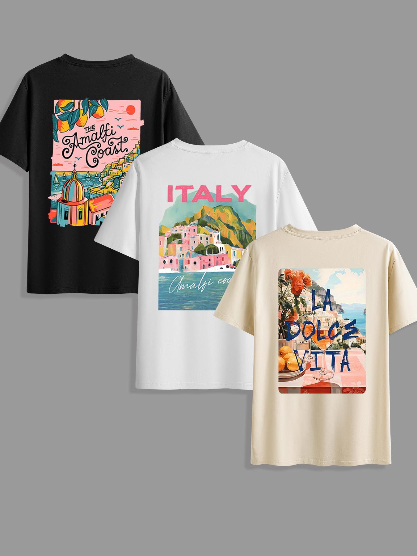 Men's Amalfi Italy Print Round Neck Tee, Regular Fit Casual Short Sleeve T-shirt for Summer, Men's Top for Daily Wear, Tropical