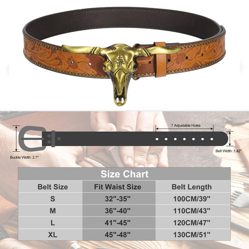 XZQTIVE Western Cowboy Cowgirl Belt for Men and Women Engraved Floral Longhorn Bull Cow Skull Western Leather Buckle Belt for Men Women Floral Engraved Cowboy Belt for Jeans Longhorn Bull Buckle Waist Belt,L Western Brown Leather Print Belt with Buckle