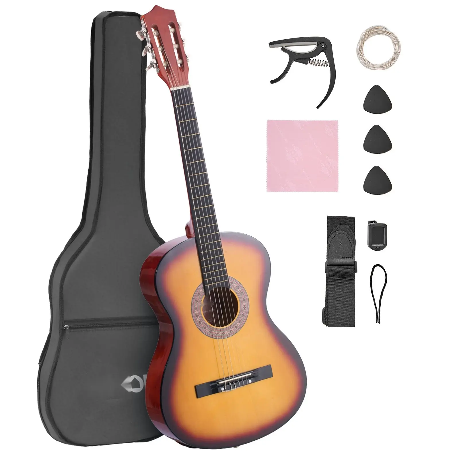 38-Inch Classical Guitar Beginner Starter Kit With Nylon Strings In Sunburst Finish - Ideal Entry-Level Instrument For Beginners, Great For Learn-To-Play, Practice And Music Education