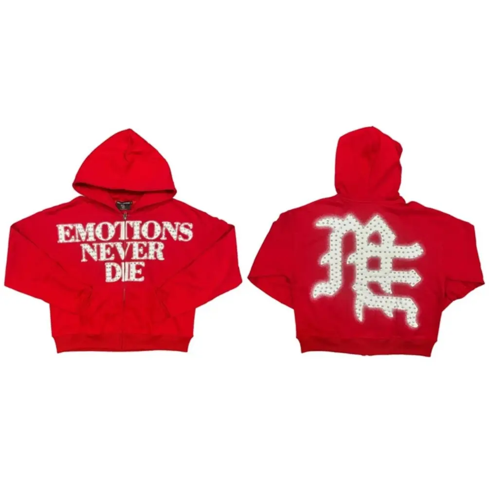 Mixed Emotion Rhinestone Letter Zip-Up Hoodie Red Oversized Streetwear "Emotions Never Die" Y2K Hip Hop Hooded Sweatshirt