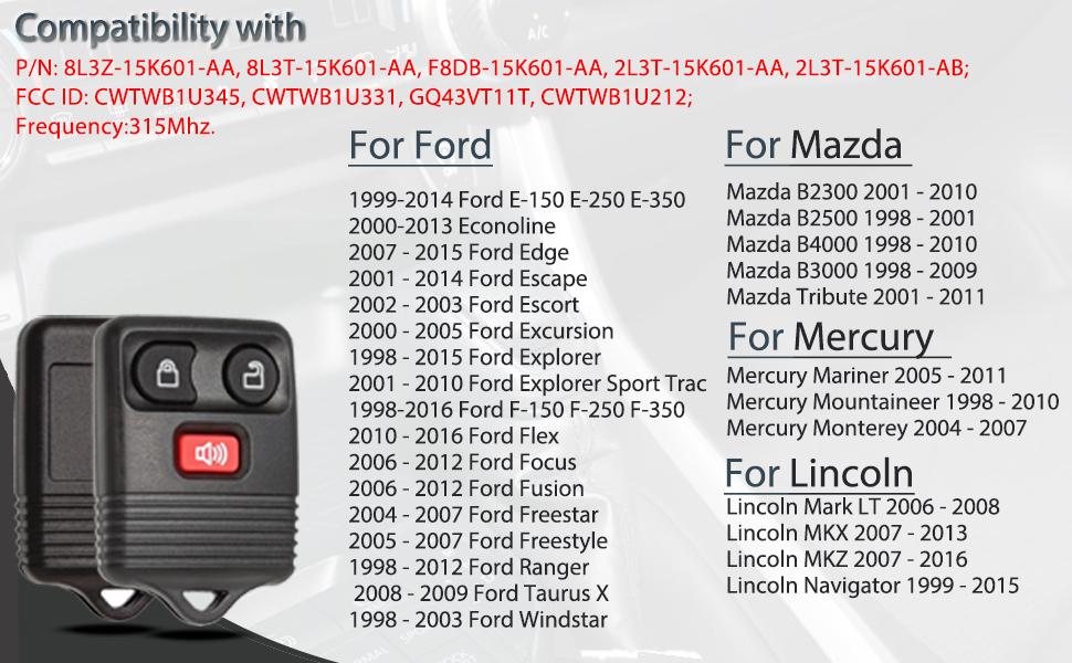 Key Fob Keyless Entry Fits for Ford F150 F250 F350 Explorer Expedition 1998-2016 / Ranger Escape Edge E150 Freestar / Lincoln Navigator Mazda 3 Button Remote Control Replacement CWTWB1U345 Key Fob Keyless Entry Fits for Ford F150 F250 F350 Explorer Expedition 1998-2016 / Ranger Escape Edge E150 Freestar / Lincoln Navigator Mazda 3 Button Remote Control Replacement CWTWB1U345