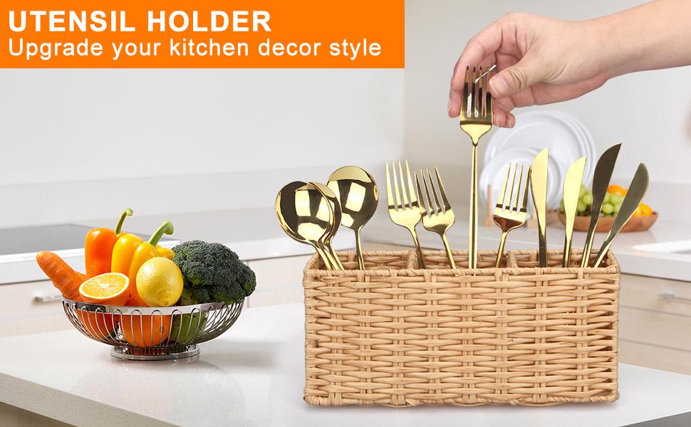 Wicker Flatware Silverware Caddies Cutlery Holder Best Kitchen Silverware Organizer Storage for Countertop Silverware Utensils Holder Party Spoon Knives Fork Holder Flatware Utensil Caddy Metal Plastic Steel Boxes Decor Rattan maid of honor gift grain bin