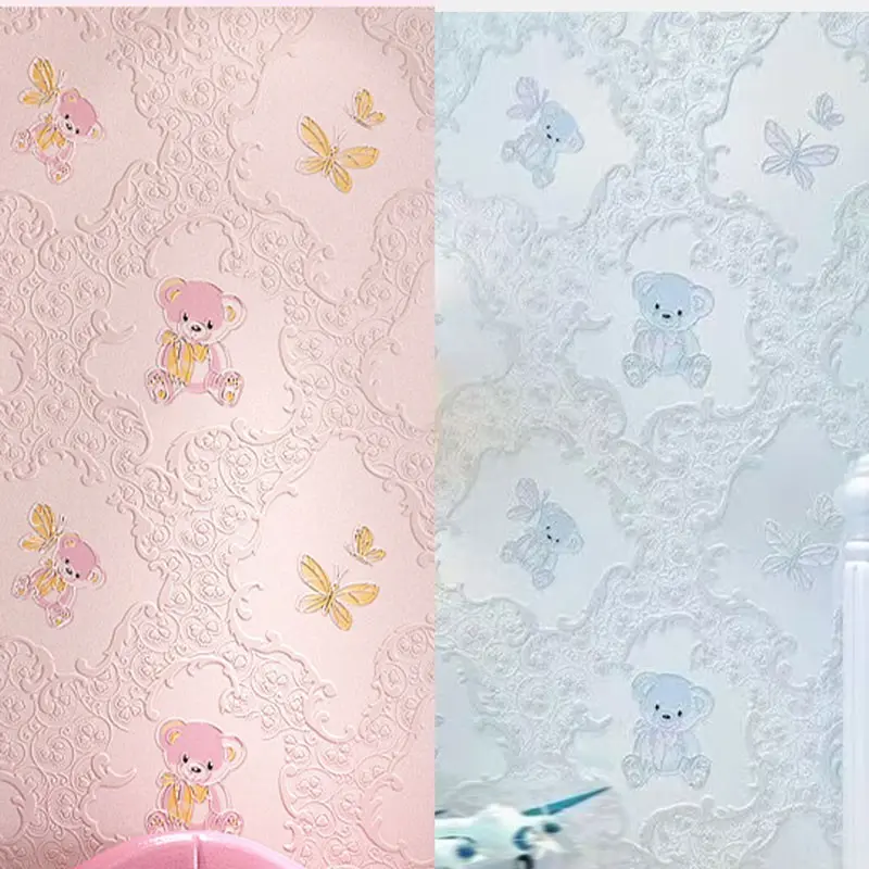 Self Adhesive Cartoon Bear Wallpaper, Cute Pink Kids Room Wall Sticker, Sweet Butterfly Peel and Stick Wall Mural for Children Bedroom Background Wall