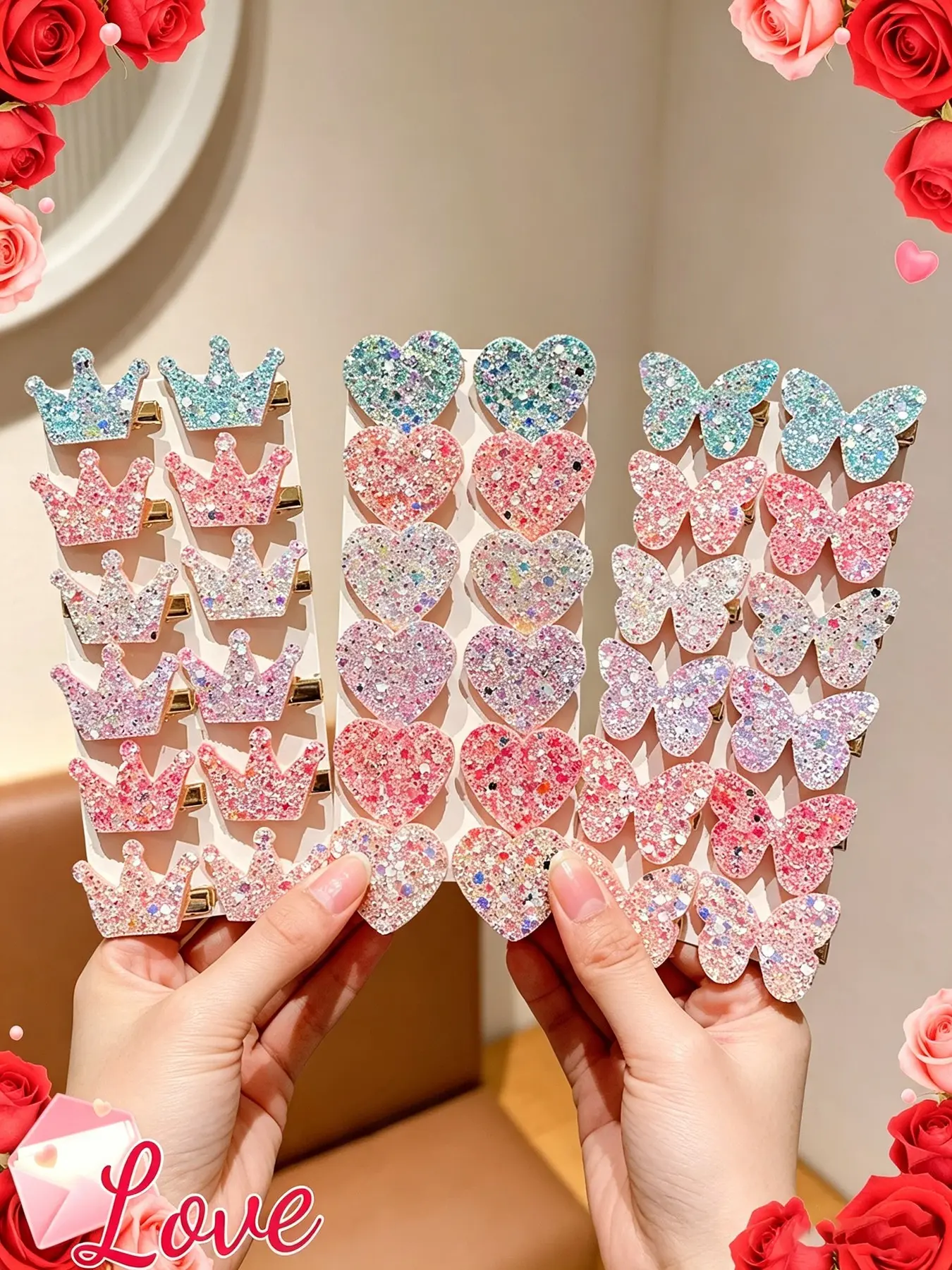12pcs Glitter Butterfly Heart Crown Hair Clips, Sweet Girl Exclusive Sequin Bangs Clip, Cute and Adorable Hair Accessories