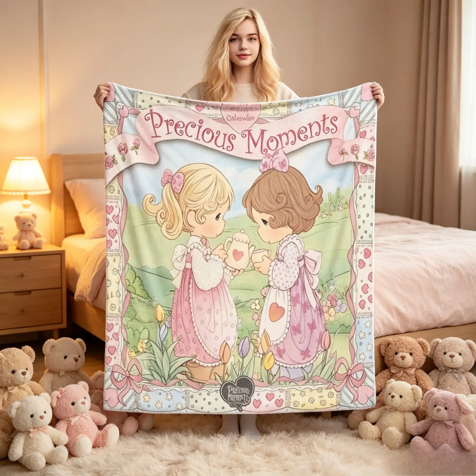 Precious Moments Classic Anti-Pilling Lightweight Flannel Blanket - Soft Vintage Cartoon Doll & Floral Border Print, Luxury Chic Throw for Bed/Couch, Cottage Aesthetic Birthday/Christmas Gift