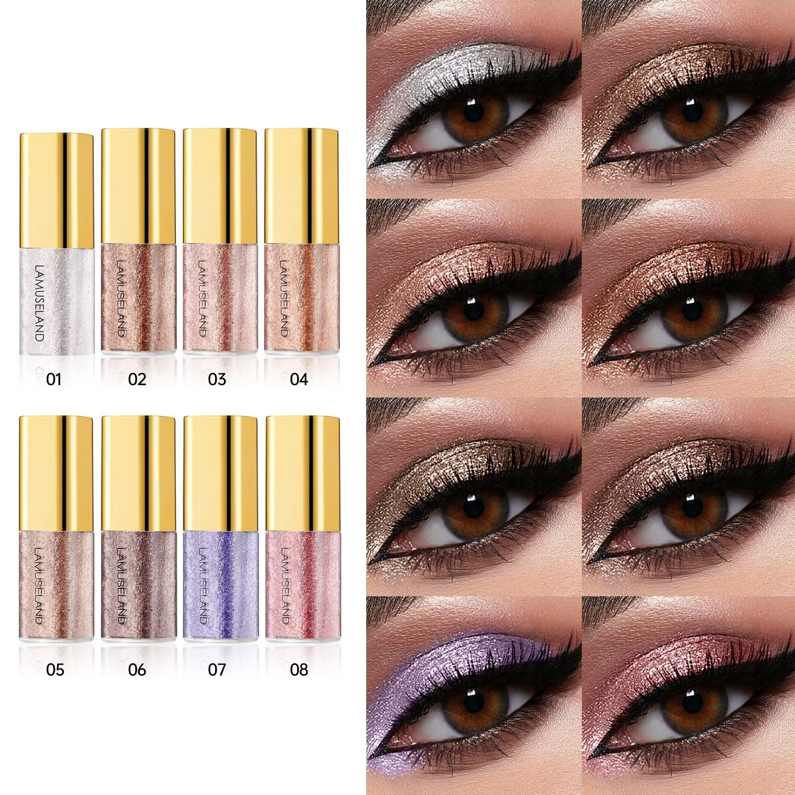 8-piece shimmer eyeshadow liquid set, pearlescent shiny glitter eyeshadow, Metallic eyeshadows, multipurpose makeup for under-eye highlight, eyeshadow, waterproof and sweat-proof long-lasting liquid eyeshadow, can be used as a holiday gift