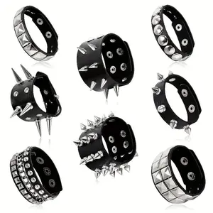 8Pcs Punk-Style Faux Leather Bracelet Set Featuring Metal Spikes and Rivets for a Rugged Aesthetic Adjustable Buckle Fastening for Comfortable Wear Ideal for Christmas, Halloween, Valentine's Day Outfits or as a Gift Accessory for Men Women