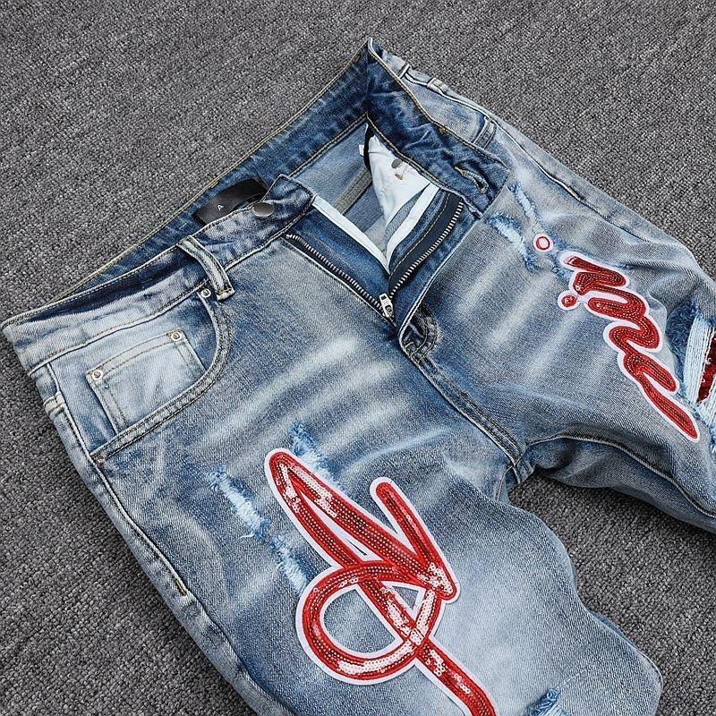 YYK Brand: Street-Style Distressed, Skinny-Fit Stretch Jeans-Featuring Patches, Embroidery, and a Vintage Denim Aesthetic-Showcasing Casual and Fitness-Inspired Styling