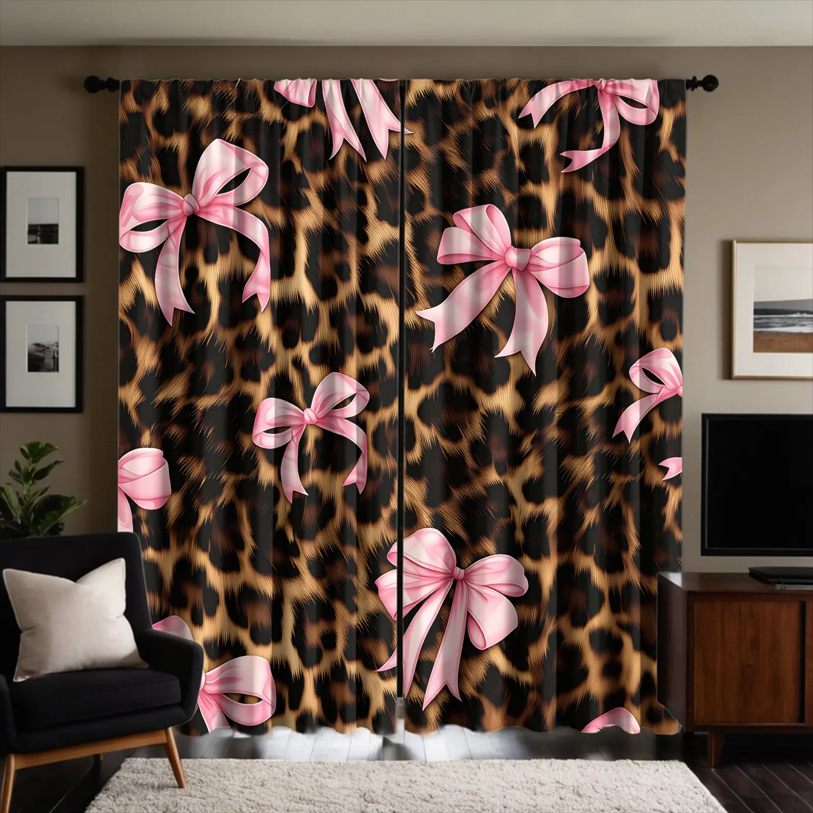 2 Panels Classic Leopard Print Bow Brushed Fabric Curtains, Window Drapes, Dustproof Breathable Washable, Soft Light Filtering, Noise Reducing And Privacy Protection, Y2K Trendy Girly Bedroom Live Stream Room And Girls Apartment Window Decor