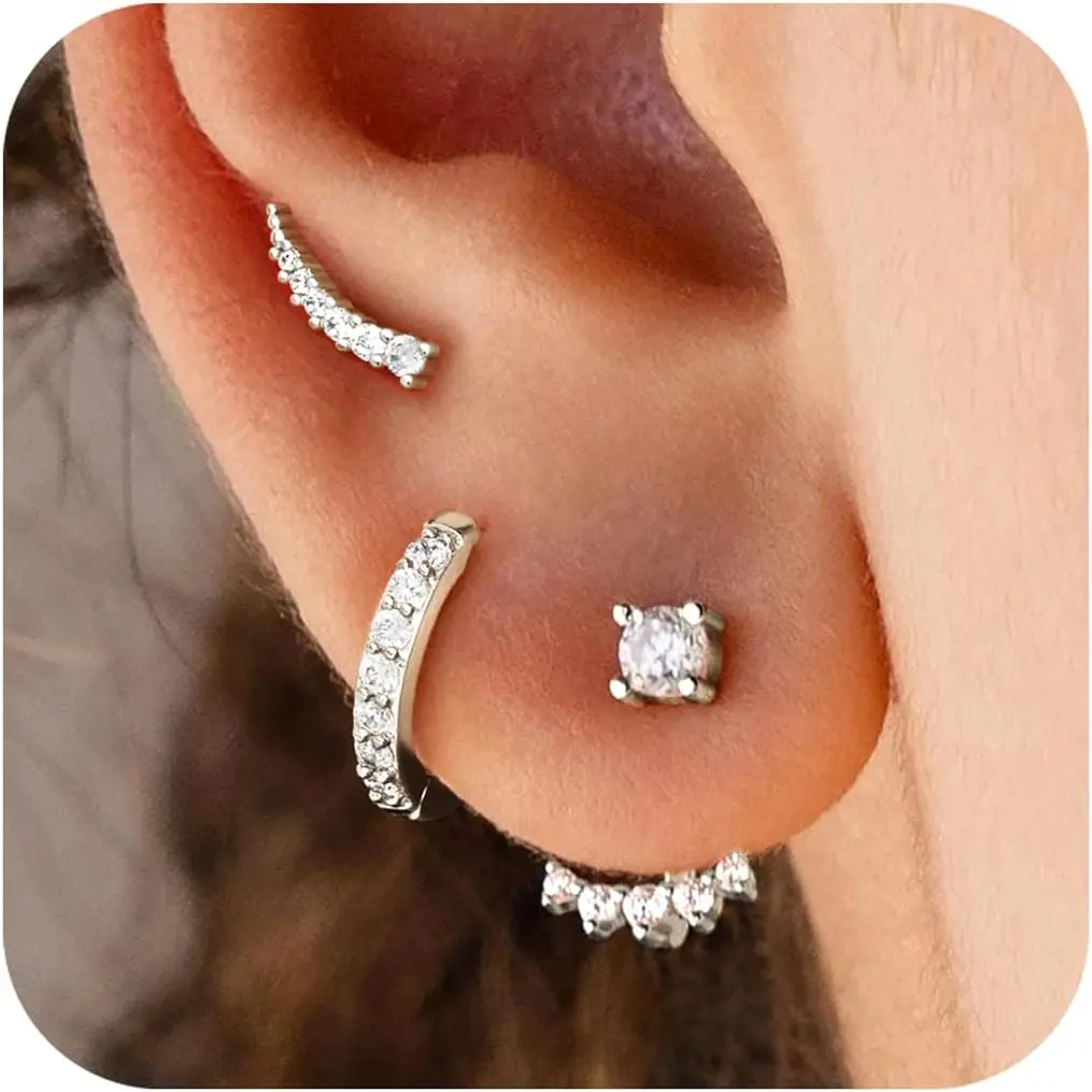 Stud Earrings Set for Women, 3 Pairs Huggie Hoop Jacket Studs Earring Stacks