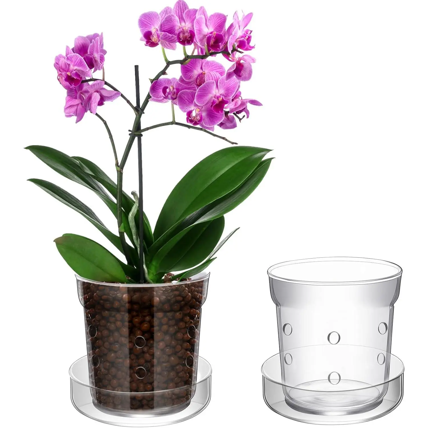1 Pcs Orchid Pot with Drainage Holes and Tray Transparent Glass Pot Planter for Orchids Flower Repotting Anti Slip Glass Plant Vase for Indoor Outdoor Home Decor (6 Inch)