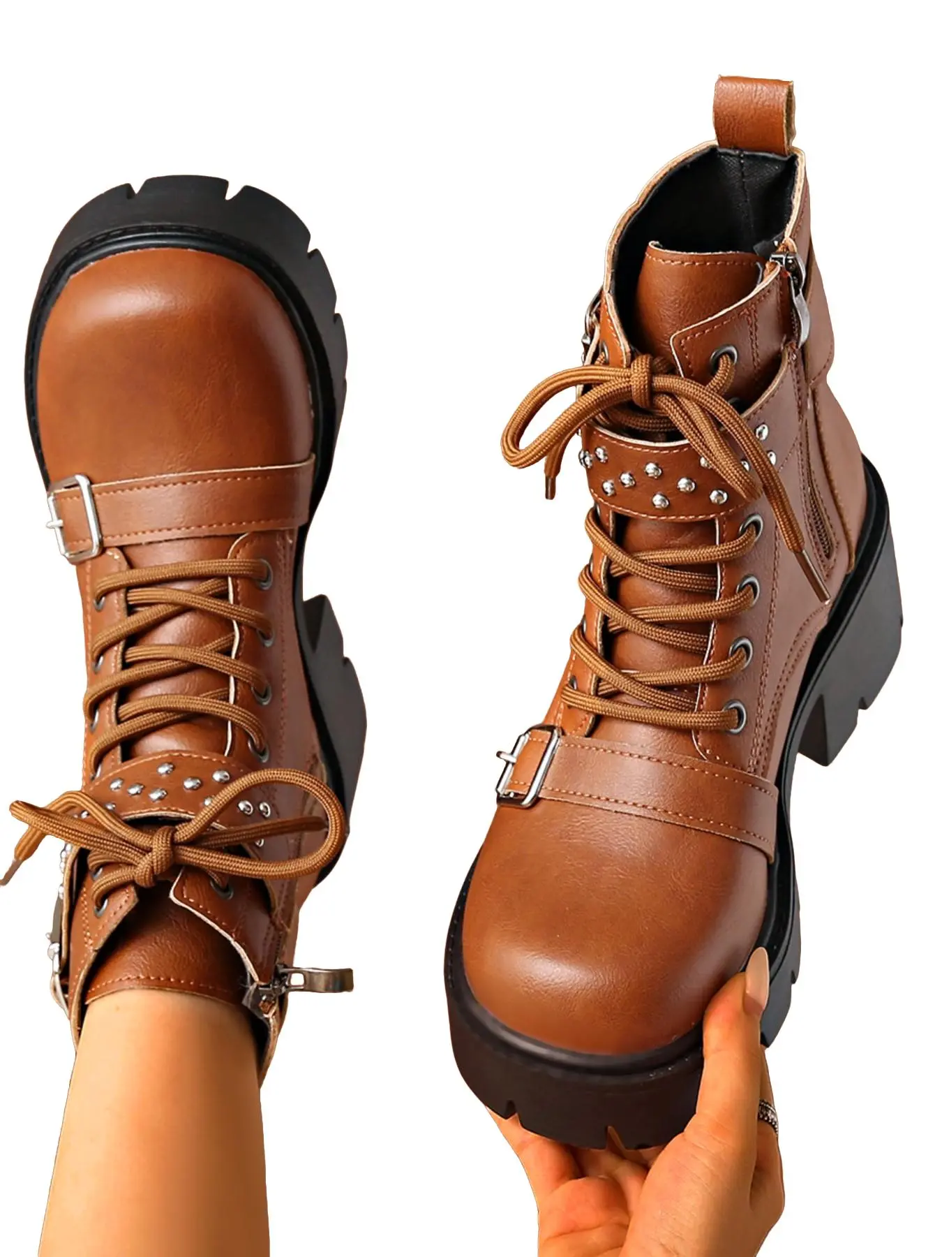 Vintage Double Buckle Thick Sole Fashion Boots, Side Zipper Easy On-Off, Perfect for Outdoor Travel and Daily Wear
