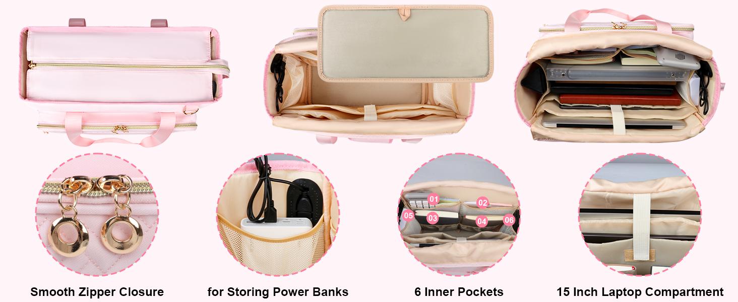 Teacher Tote Bag with Accordion File Organizer Pocket, Soft Nylon Utility Bag with 15.6 inch Laptop Compartment & USB Port, Large Work Tote Bag for Office Supplies Women (Pink)