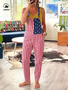 Unisex Star Striped Denim Overalls, Adjustable Shoulder Straps, Pocket Design, Casual Fitted H-Type Pants, Perfect for Festivals & Parties
