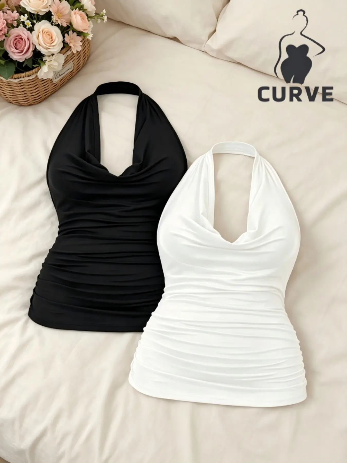 Plus Size Sexy Halter Neck Ruched Top, and Twin Pack, Slim-Fitting Everyday Casual Basic Tank Tops, Trendy and Flattering Design