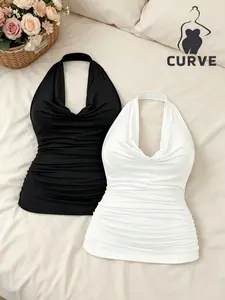 Plus Size Sexy Halter Neck Ruched Top, and Twin Pack, Slim-Fitting Casual Tank Tops, Trendy and Flattering Design