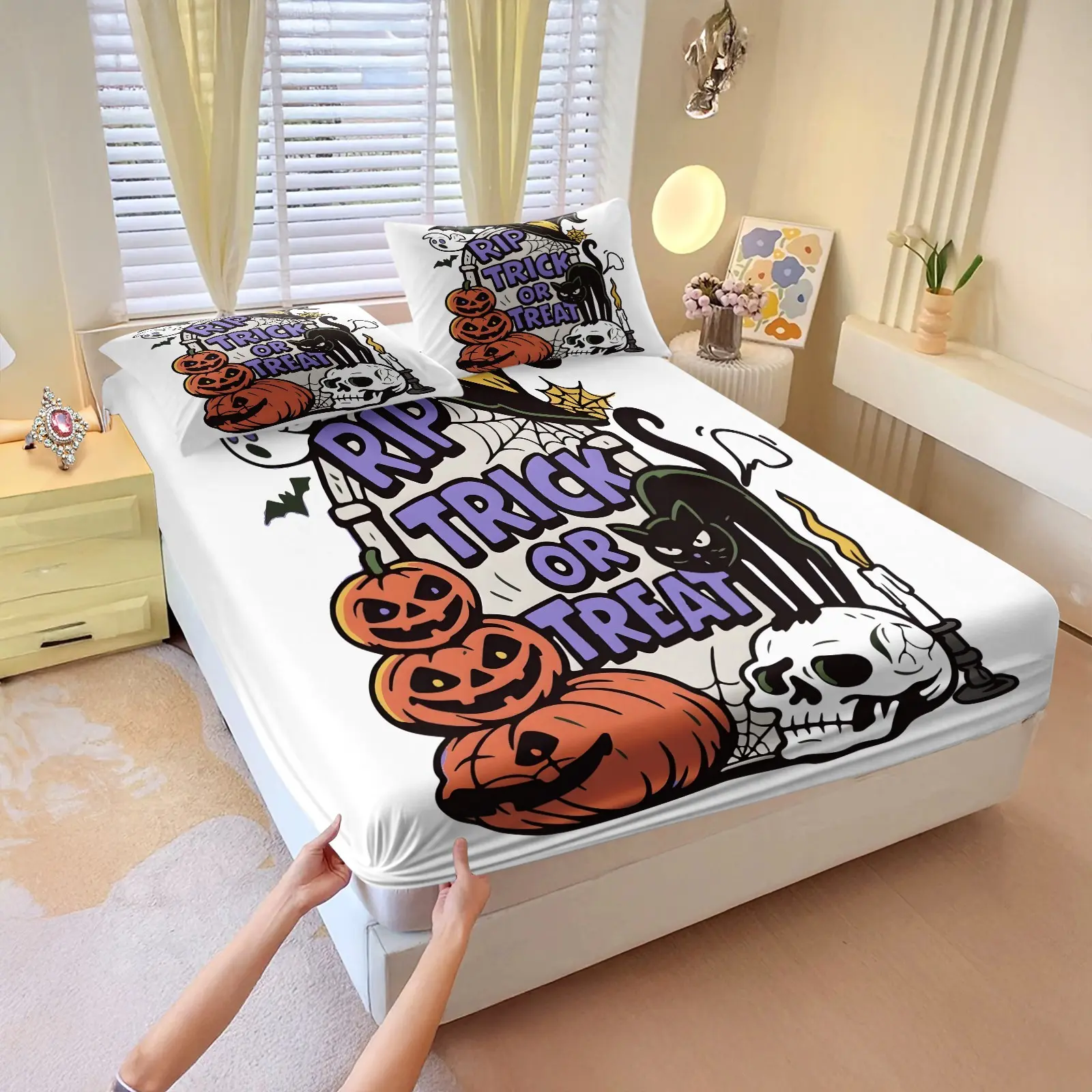 3-Piece Dark Retro Halloween Style Moonlight Bat and Jack-o'-Lantern Trendy Versatile Fitted Sheet Set, Machine Washable with Mattress Protection Design, Suitable for All Ages, Four-Season Universal Bedroom Soft Furnishing (Pillow Cores Not Included)