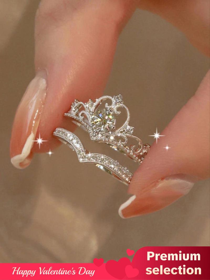Proposal 2pcs/set Minimalist Elegant Plain Rhinestone Decor Crown Design Engagement Rings, Fashion Wishbone Ring Matching Rings Accessories for Women & Girls, Valentine's Day, Gift