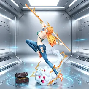 One Piece Nami Clima-Tact Form Statue, 2 Styles with Zeus and Treasure Chest，Nami with Zeus Figure, One Piece Anime Merch for Fans & Display，Desk Decor