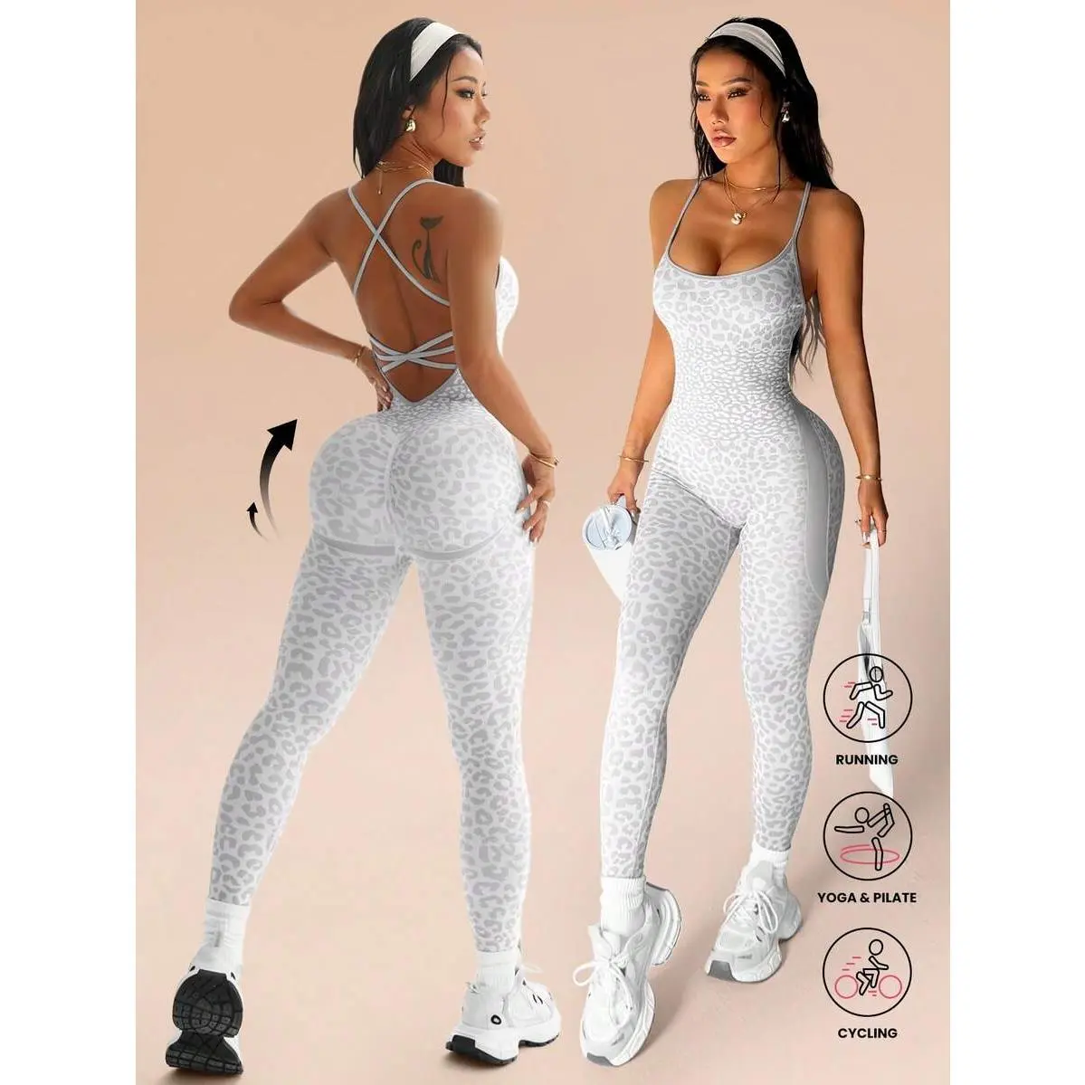 Leopard Print Gray & White Backless Camisole Skinny Seamless Jumpsuit