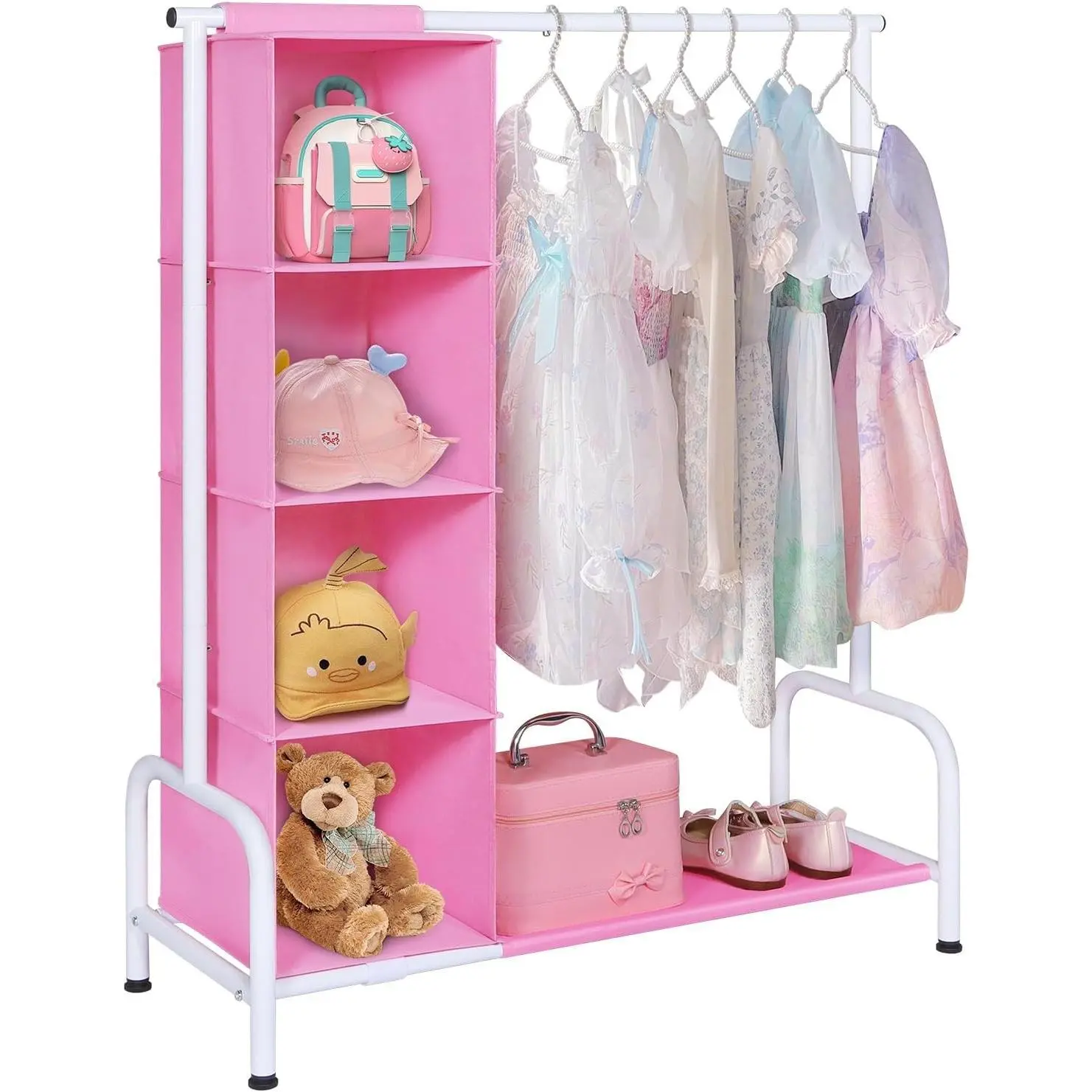 43" Tall Kids Clothing Rack, Toddler Dress Up Storage with Hanging Organizer – Sturdy Metal Baby Closet, Space-Saving for Nursery & Bedroom, Pink/White