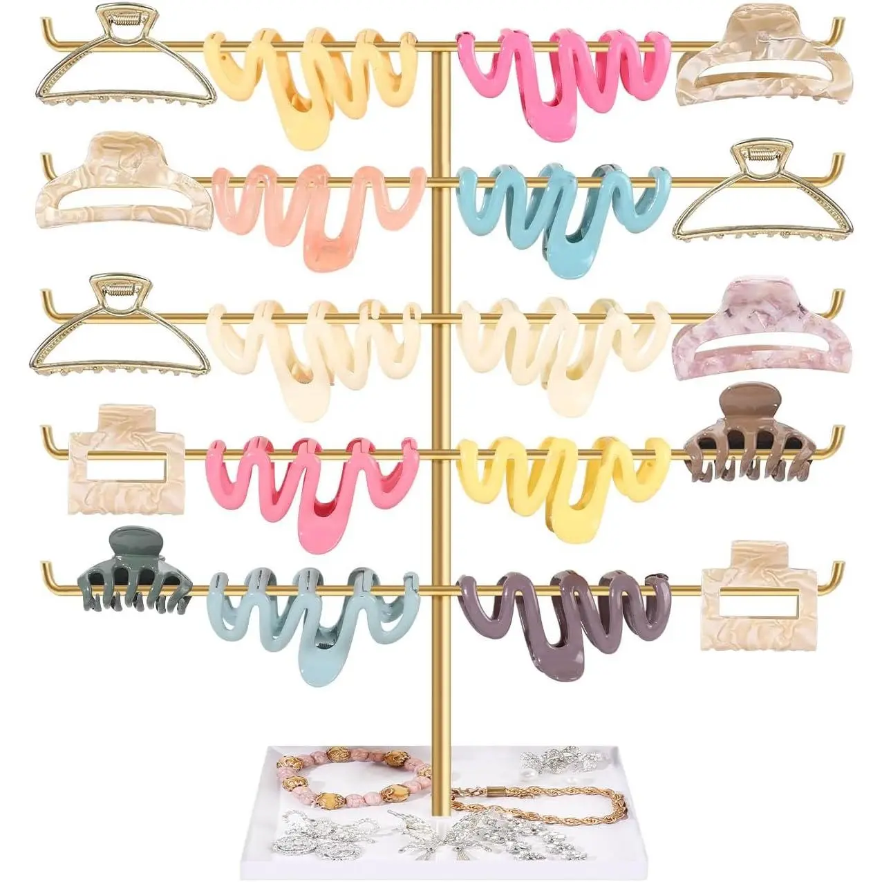 Hair Claw Clip Holder Organizer - 5 Tier Claw Clips Storage Display with Metal Tray, Hair Clip Holder Desktop Stand for Women Girls
