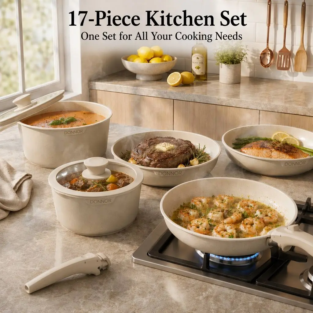 17 Piece Ceramic Non Stick Cookware Set, PFOA & PTFE Free Easy Clean Pots and Pans, 7/8in Stock Pots, 8/10in Frying Pans, 10in Deep Skillet, with Detachable Handles, PP Lids & Pot Protectors, Ideal Gift for Family, Compatible with All Stovetops