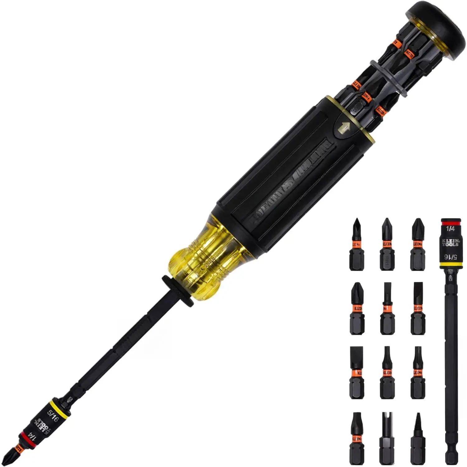 Tool 32304 Screwdriver, 14-in-1 Adjustable Screwdriver, with Flip Socket, suitable for HVAC systems, includes nut driver bits and drill bits, impact-resistant