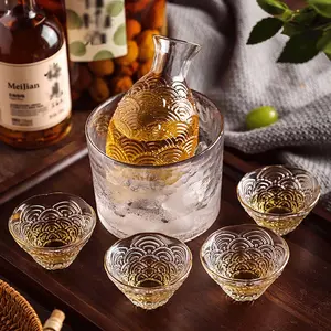 Glass Sake Set - Clear Bottle, 1 Warming Mug, 1 Pot, 4 Cups for Hot or Iced Sake Lovers