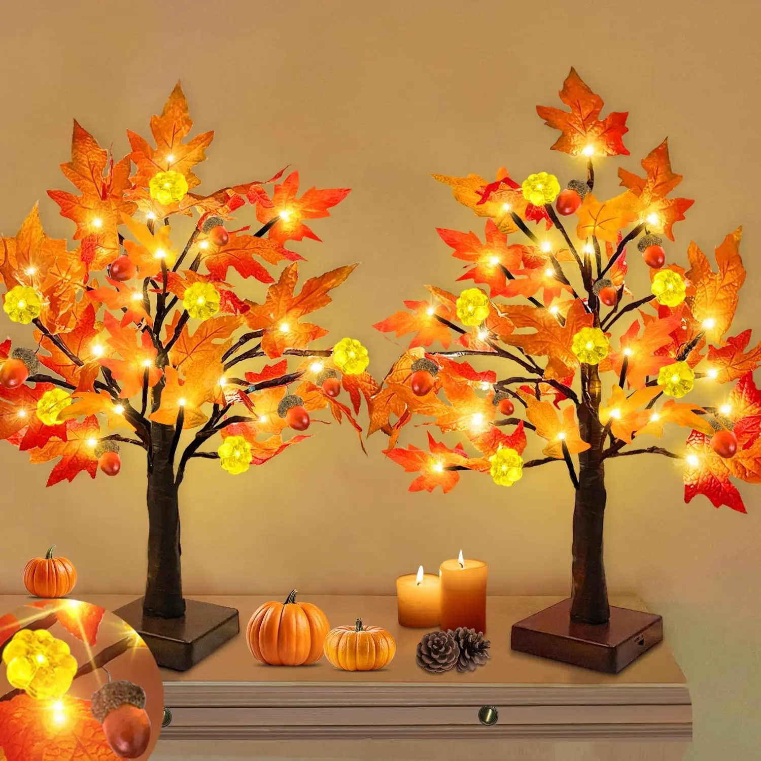 1 Pack 21-Inch Adjustable Prelit Fall Maple Tree, USB-A Operated Home Decor with 24 LEDs, 6 Patented Pumpkin Lights, 6 Acorn Lights, Halloween Thanksgiving Table Mantle Indoor Outdoor Decorations