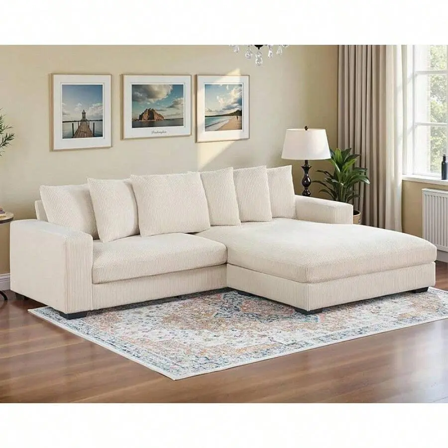 102" L-Shaped Sectional Sofa Oversized Cloud Couch With Deep Seats And Loose Backrest, Corduroy Sofa Living Room Furniture, Beige