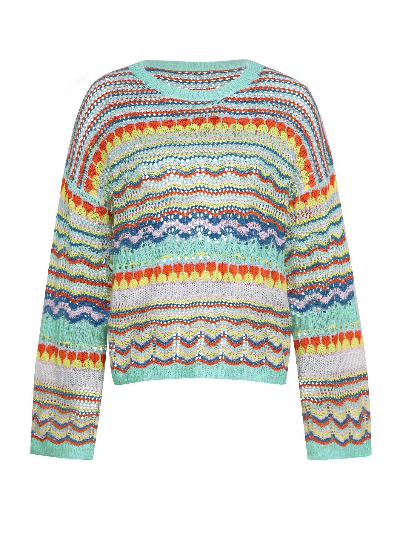 Women's Colorful Striped Print Hollow Out Drop Shoulder Knitting Sweater, Casual Long Sleeve Round Neck Jumper for Spring & Fall, Fashion Women's Knitwear for Daily Wear