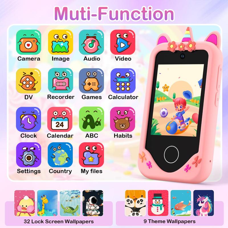 Touchsreen Phone with Unicorn Silicone Cover, Dual Camera, Recorder, Habit Tracking, Learning Games, MP3 Player, Calculator for Christmas Birthday Gifts