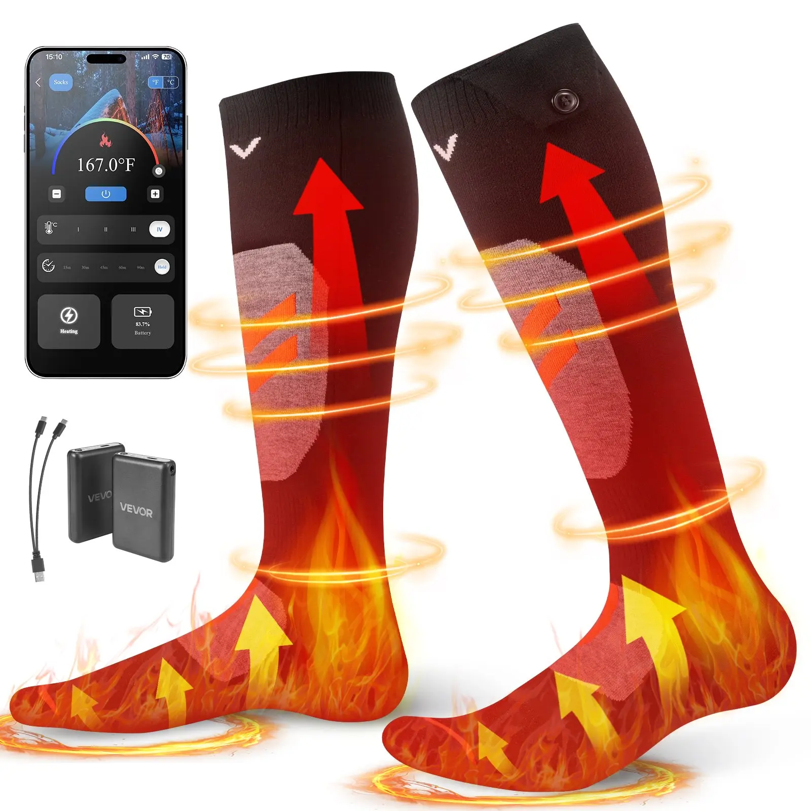 VEVOR Heated Socks, Medium Size, 5000mAh Battery Rechargeable Heating Socks with 4 Heating Levels, Electric Heated Sock with APP Control for Men Women, Foot Warmer for Hunting Riding Camping Hiking