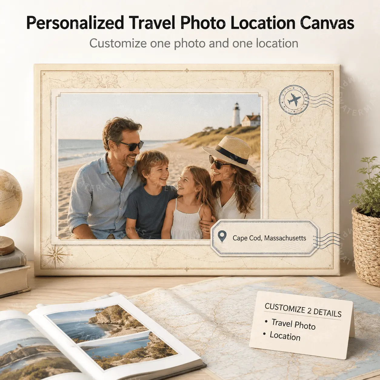 Personalized Vintage World Map Stamp Travel Photo Canvas Wall Art Print, Antique-Artistic Minimalist Decoration, Custom Vacation Memory Poster for Bedroom, Family Trip Souvenir Gift