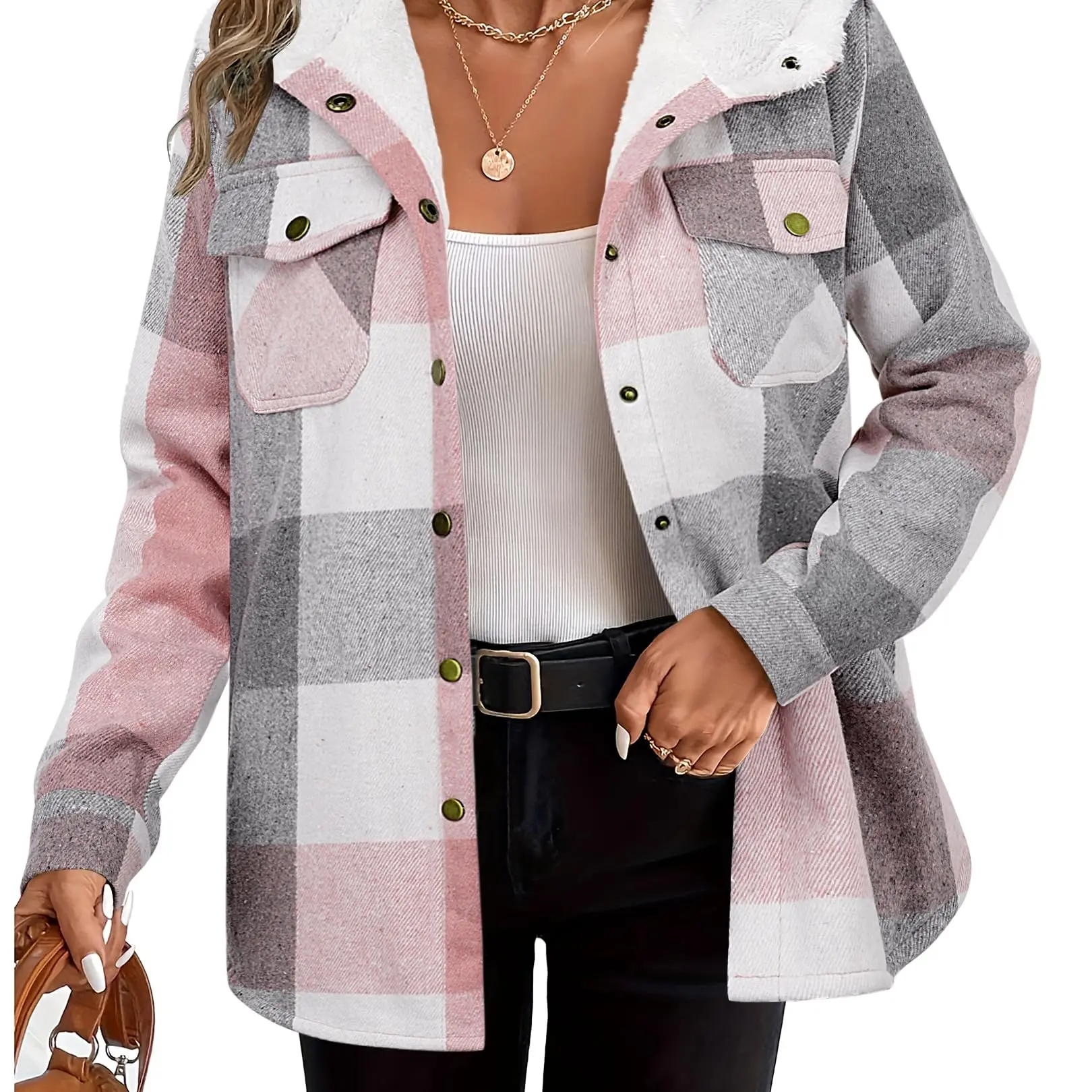 Zeagoo Women's Plaid Fleece Hooded Shacket Longsleeves Warm Coat for Fall Winter Sizes S-2XL