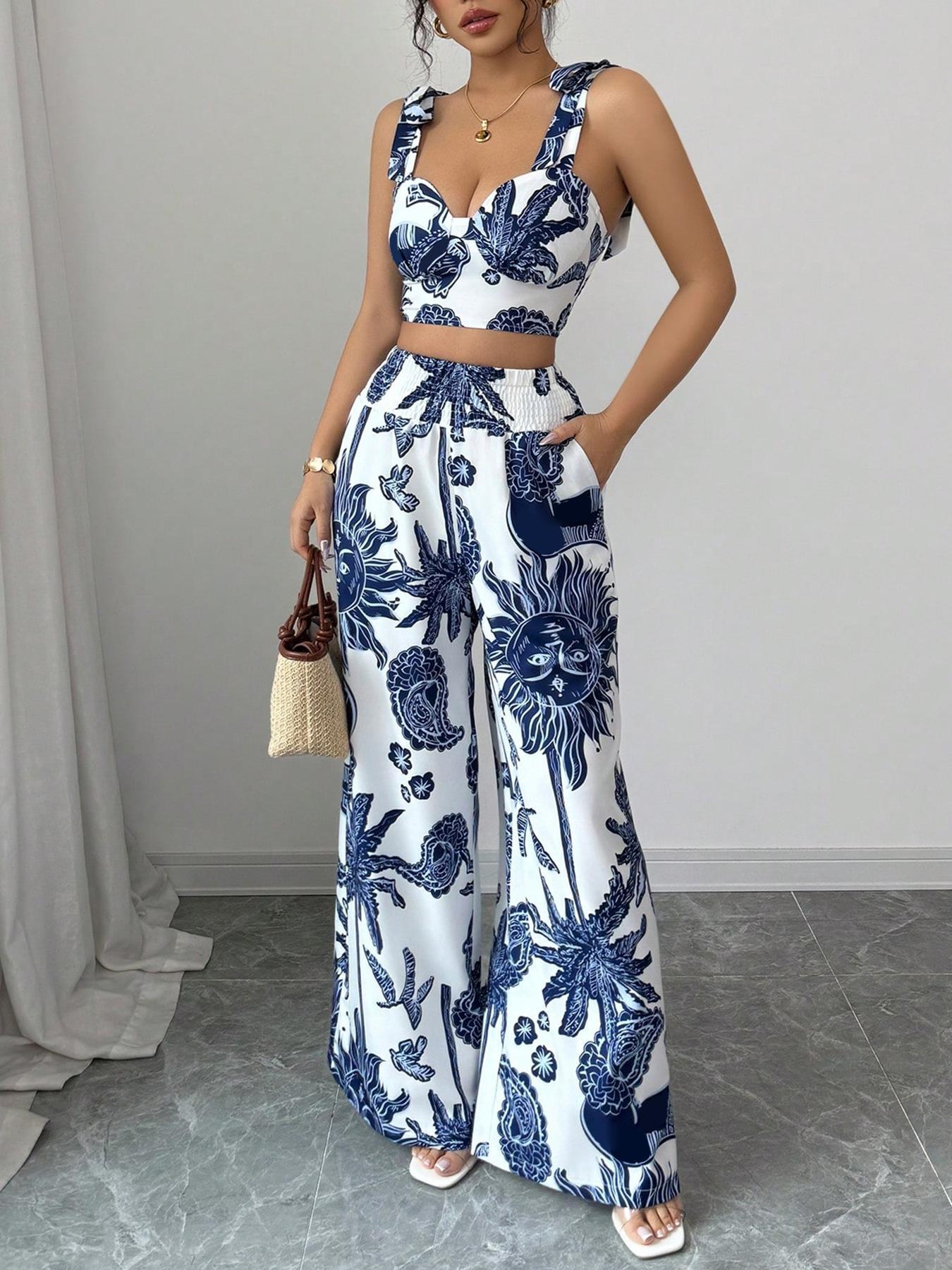 Women's Boho Style Floral Print Sleeveless Top & Belted Straight-Leg Pants Set, Casual Summer Outfit for Vacation