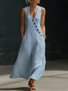 Summer & Spring European Style Lazy V-Neck Buttoned Linen Cotton Long Dress, Sleeveless Tank Top Maxi Skirt, Casual Fashion