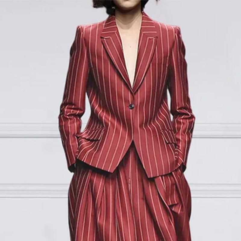 Long Sleeves Loose Striped Notched Collar Blazer Outerwear Casual Pants