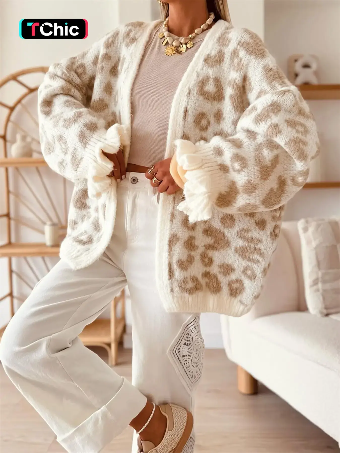Women's Open Front Contrast Leopard Print Jacquard Ruffle Cuff Long Sleeve Fall/Winter Casual Chic Lazy Versatile Knit Knitwear Long Coat – Daily Commute, Travel Wear