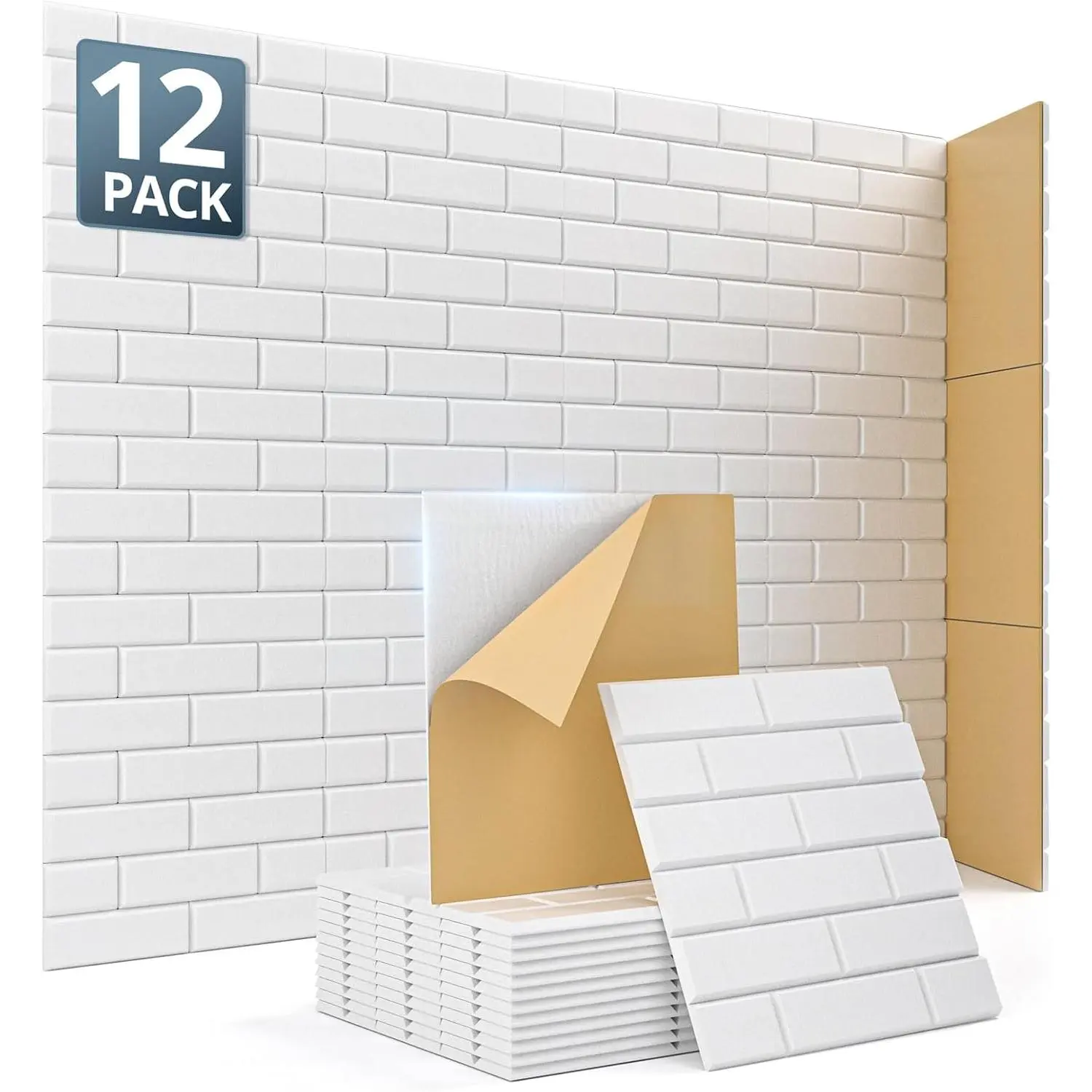 Acoustic Wall Panels Sound Absorbing Self Adhesive Brick  Tiles, 12 Pack White Peel and Stick Decorative Felt Panels for Office Apartment Studio Recording Bedroom Ceiling Door