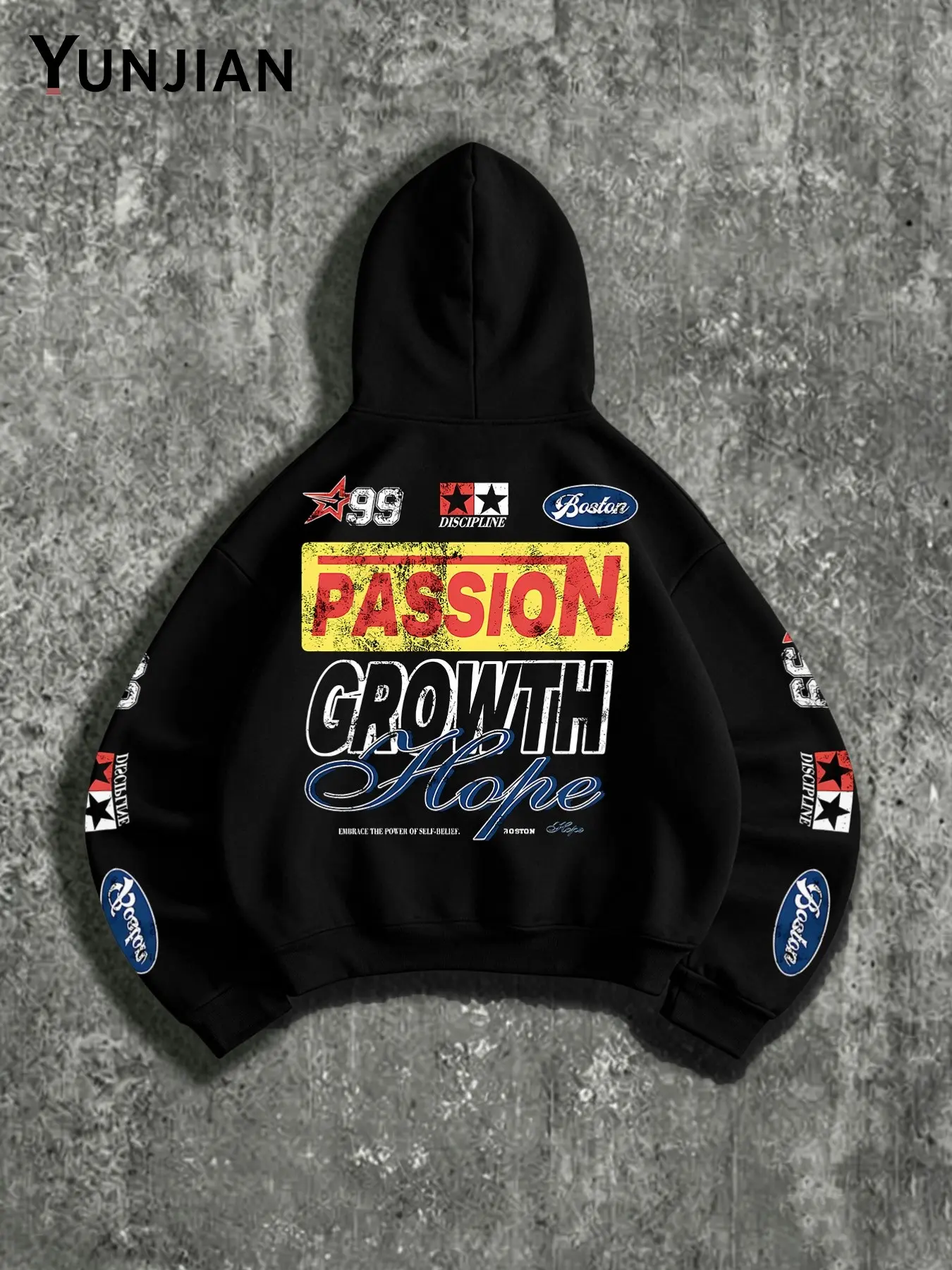 Men's Fleece Lined Loose Fit Hooded Sweatshirt, Vintage Racing Badge, Back Print, Drawstring Hood, Fall Winter Casual Wear