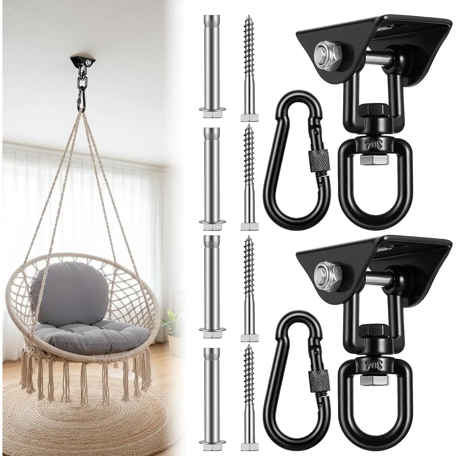 2-Pack Hammock Hanging Kit with Metal Hooks - Heavy-Duty 360° Rotation Swing Support Hardware, 1200lb Weight Capacity for Indoor/Outdoor Hammocks & Hanging Chairs, Two Packs